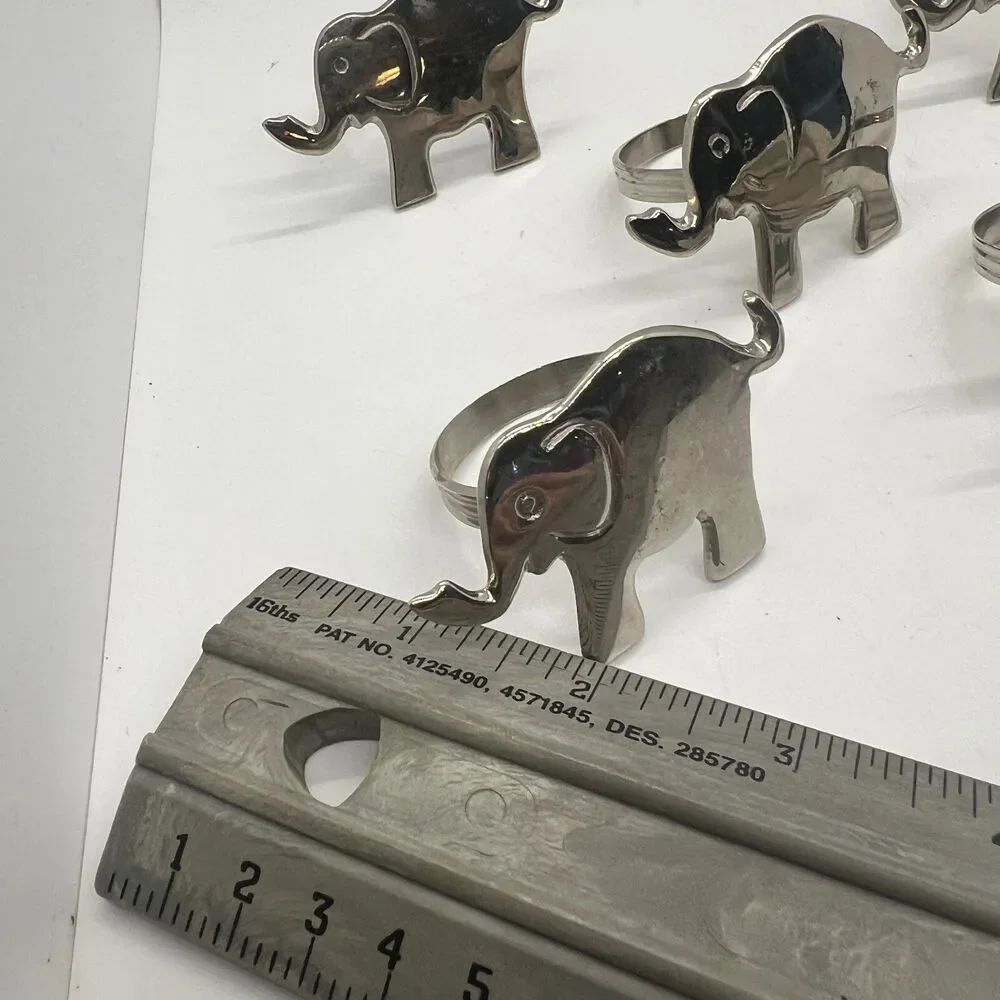 Set of 8 Chrome Silver Elephant Napkin Rings, Trunk Up, Minimalist, Table Decor